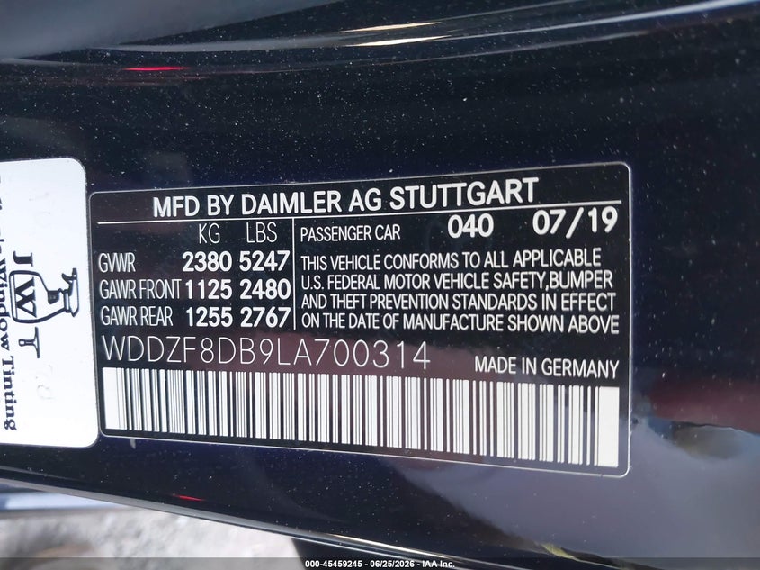 2020 Mercedes-benz E-klasse VIN WDDZF8DB9LA700314 IAAI salvage auction — RIGHT FRONT, Salvage (California), sold $14,100 on 2026-07-28 (photo 9)
