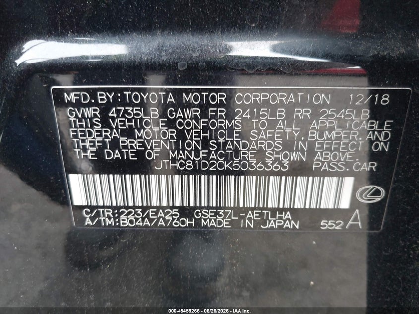 2019 Lexus Is VIN JTHC81D20K5036363 IAAI salvage auction — FRONT END, Salvage (Connecticut), sold $5,500 on 2026-07-30 (photo 9)