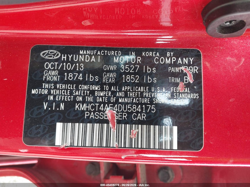 2013 Hyundai Accent VIN KMHCT4AE4DU584175 IAAI salvage auction — NORMAL WEAR, Original (Ohio), sold $275 on 2026-07-20 (photo 9)