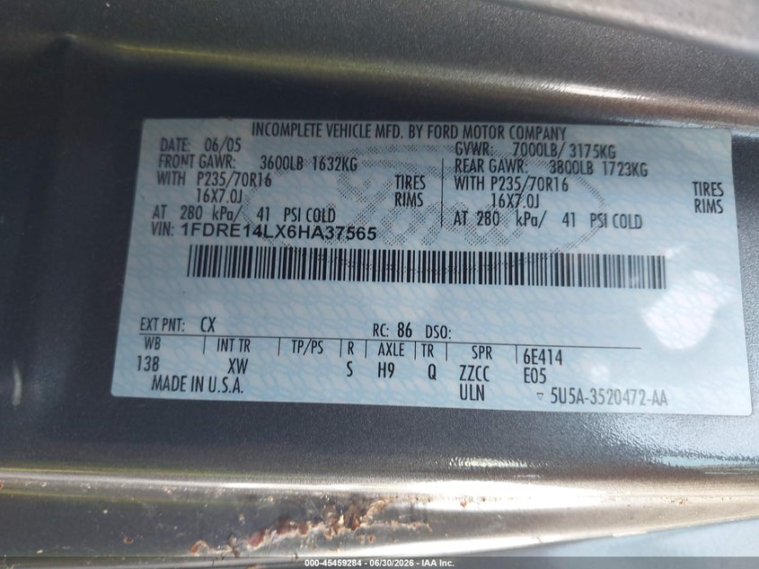 2006 Ford E 150 VIN 1FDRE14LX6HA37565 IAAI salvage auction — NORMAL WEAR, Clear (Florida), sold $550 on 2026-07-07 (photo 9)
