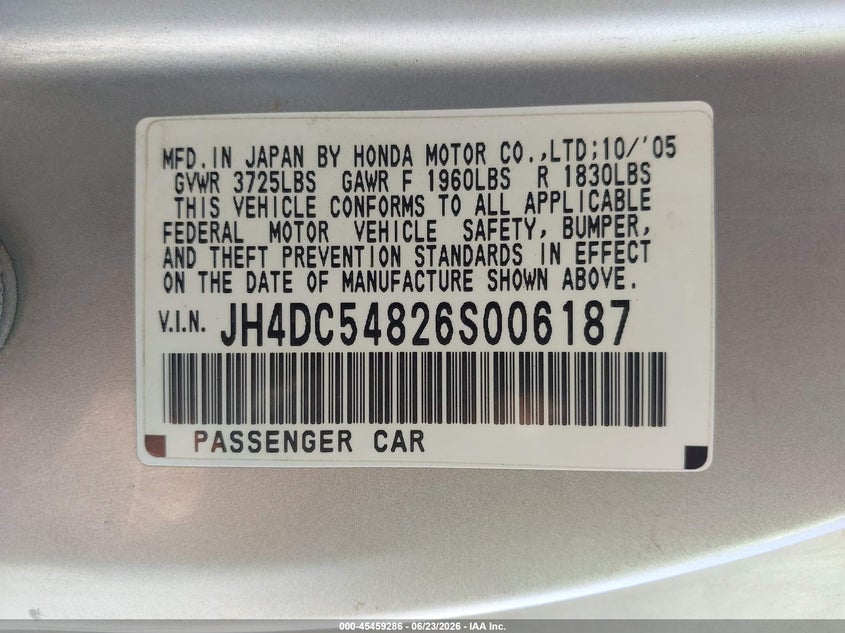 2006 Acura Rsx VIN JH4DC54826S006187 IAAI salvage auction — FRONT END, Salvage (California), sold $875 on 2026-07-15 (photo 9)
