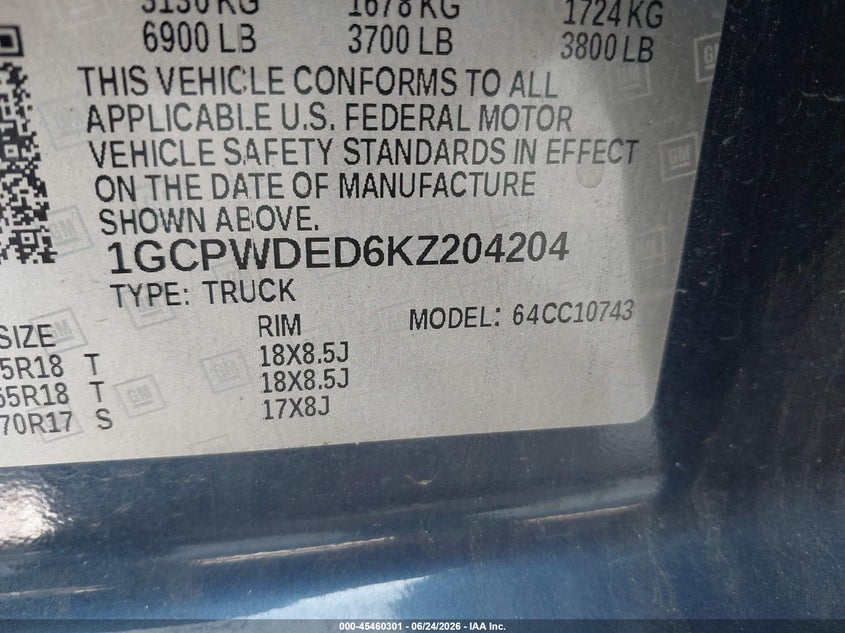 2019 Chevrolet Silverado VIN 1GCPWDED6KZ204204 IAAI salvage auction — NORMAL WEAR, Clear (California), sold $9,275 on 2026-07-30 (photo 9)