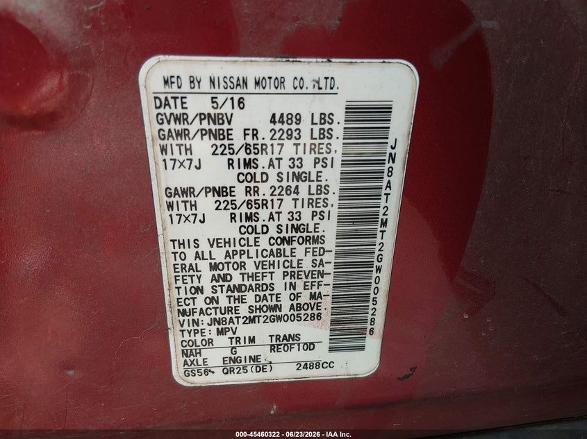2016 Nissan Rogue VIN JN8AT2MT2GW005286 IAAI salvage auction — FRONT END, Salvage Title, sold $875 on 2026-07-29 (photo 9)