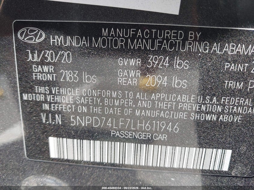 2020 Hyundai Elantra VIN 5NPD74LF7LH611946 IAAI salvage auction — NORMAL WEAR, Sf97 (California), sold $7,575 on 2026-07-30 (photo 9)