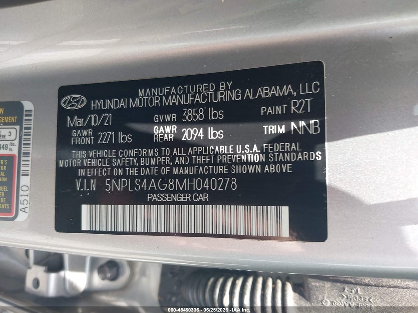 2021 Hyundai Elantra VIN 5NPLS4AG8MH040278 IAAI salvage auction — WATER/FLOOD, Junking Certificate (Mississippi), sold $3,000 on 2026-08-01 (photo 9)