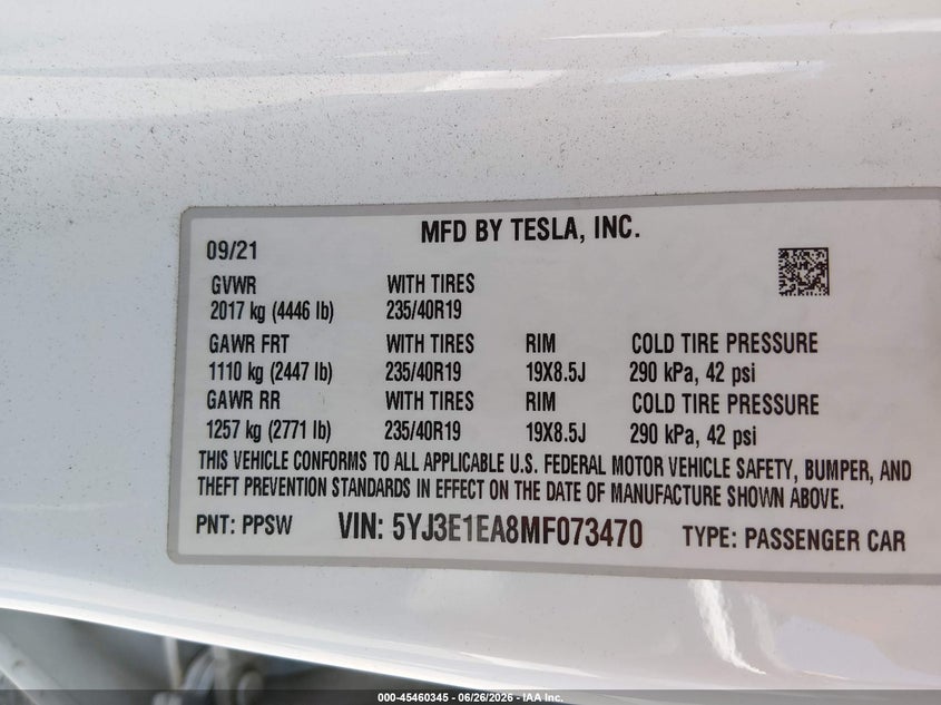 2021 Tesla Model 3 VIN 5YJ3E1EA8MF073470 IAAI salvage auction — RIGHT SIDE, Salvage (California), sold $5,500 on 2026-07-21 (photo 9)