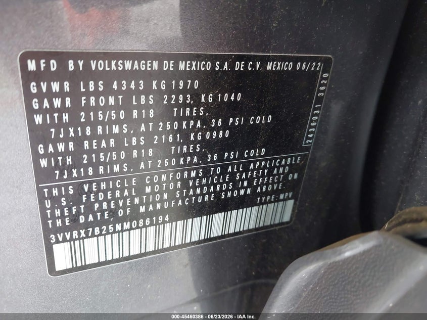 2022 Volkswagen Taos VIN 3VVRX7B25NM086194 IAAI salvage auction — REAR END, Salvage Title, sold $7,800 on 2026-07-29 (photo 9)