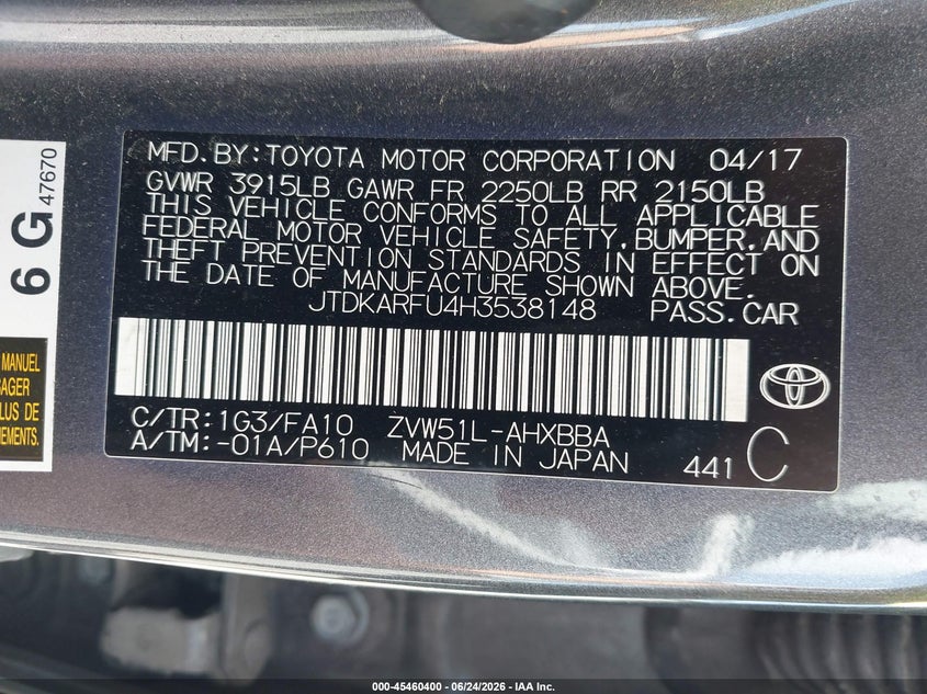2017 Toyota Prius VIN JTDKARFU4H3538148 IAAI salvage auction — FRONT END, Rebuildable (Florida), sold $2,425 on 2026-07-20 (photo 9)