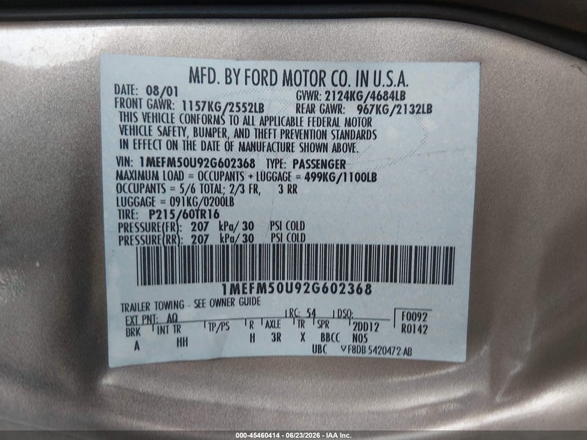 2002 Mercury Sable VIN 1MEFM50U92G602368 IAAI salvage auction — NORMAL WEAR, Clear-Dealer Only (Arizona), sold $0 on 2026-09-10 (photo 9)