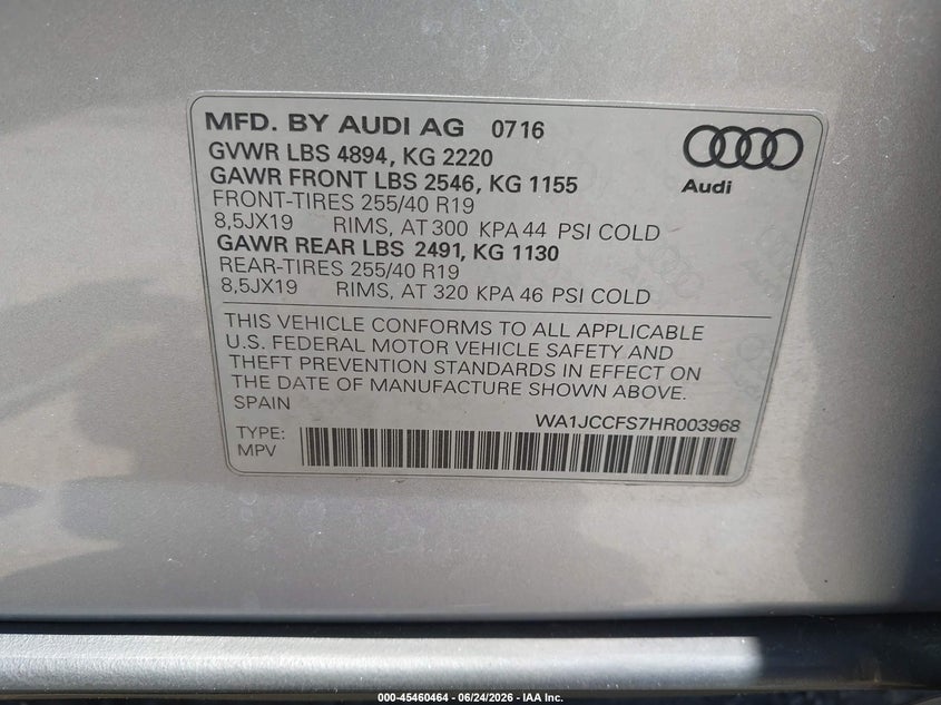 2017 Audi Q3 VIN WA1JCCFS7HR003968 IAAI salvage auction — FRONT END, Salvage Title, sold $3,650 on 2026-07-23 (photo 9)