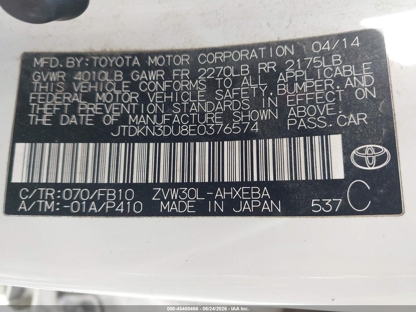 2014 Toyota Prius VIN JTDKN3DU8E0376574 IAAI salvage auction — FRONT END, Salvage (California), sold $1,250 on 2026-07-16 (photo 9)
