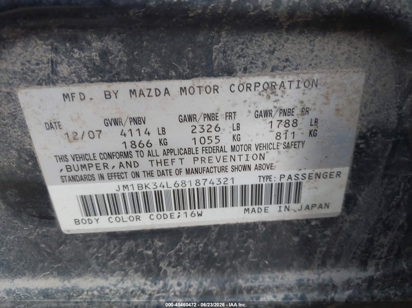 2008 Mazda 3 VIN JM1BK34L681874321 IAAI salvage auction — ENGINE BURN, Regular (South Dakota), sold $875 on 2026-07-28 (photo 9)