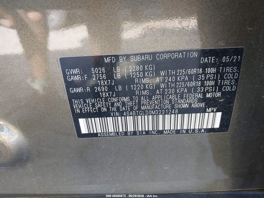2021 Subaru Outback VIN 4S4BTGLD0M3221248 IAAI salvage auction — FRONT END, Salvage (Georgia), sold $6,100 on 2026-07-22 (photo 9)