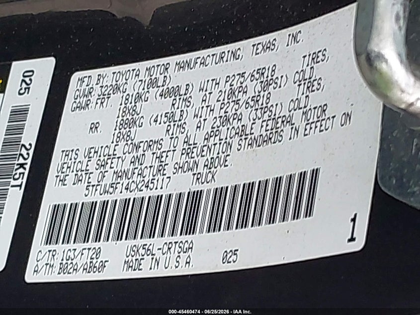 2012 Toyota Tundra VIN 5TFUW5F14CX245117 IAAI salvage auction — REAR END, Clear (Indiana), sold $5,600 on 2026-08-02 (photo 9)