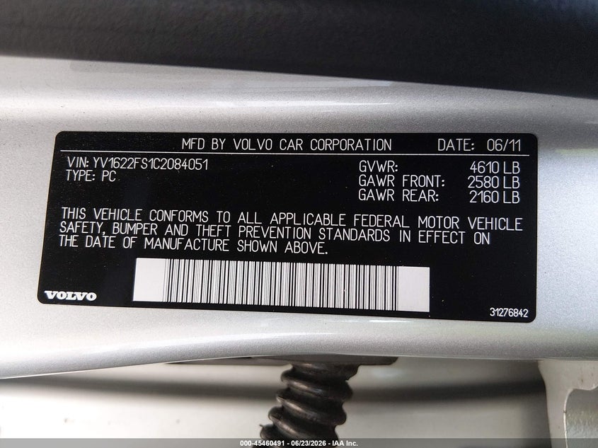2012 Volvo S60 VIN YV1622FS1C2084051 IAAI salvage auction — RIGHT FRONT, Salvage (California), sold $225 on 2026-07-08 (photo 9)