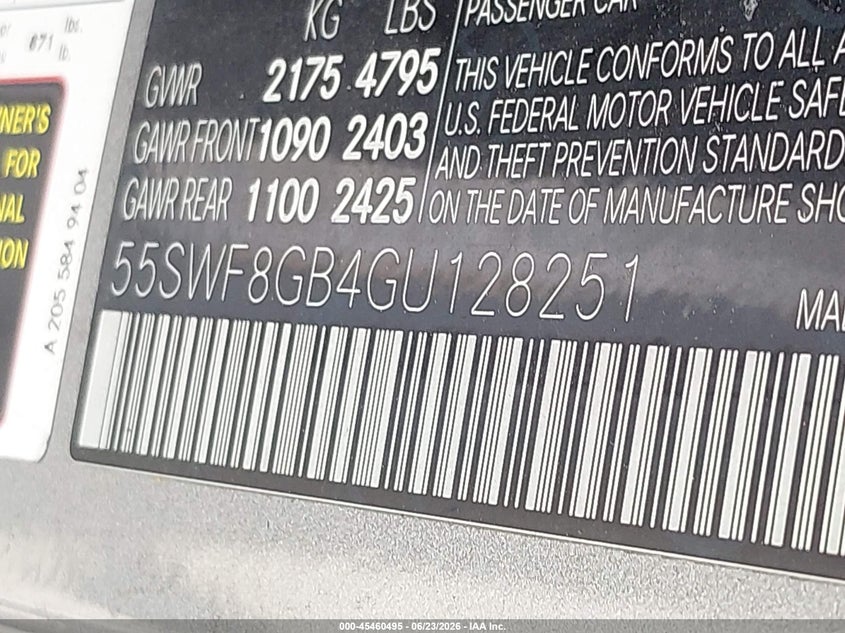 2016 Mercedes-benz VIN 55SWF8GB4GU128251 IAAI salvage auction — FRONT & REAR, Original (Texas), sold $4,500 on 2026-07-10 (photo 9)