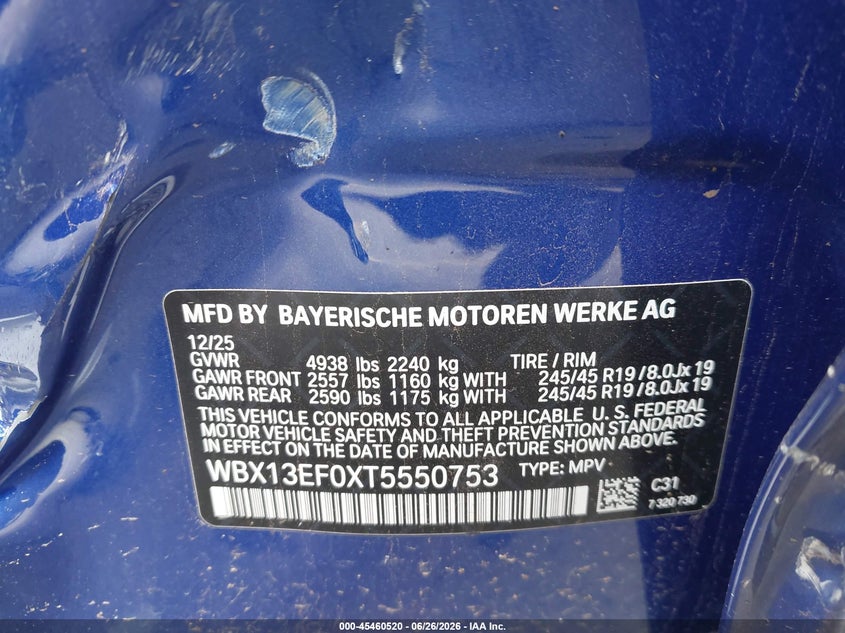 2026 BMW X1 VIN WBX13EF0XT5550753 IAAI salvage auction — ALL OVER, Wait Title, sold $7,125 on 2026-08-20 (photo 9)