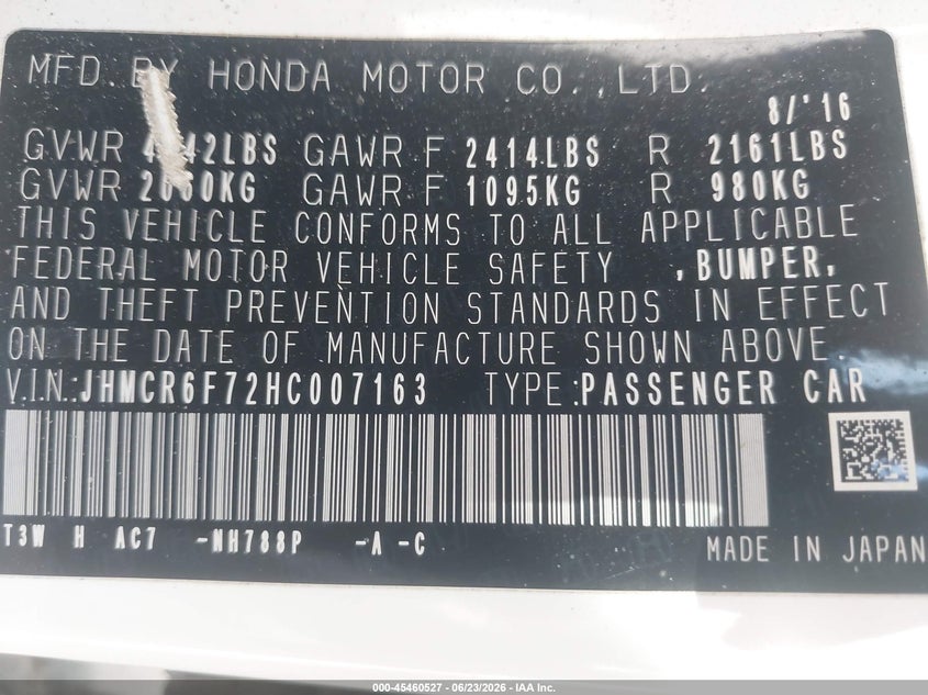2017 Honda Accord VIN JHMCR6F72HC007163 IAAI salvage auction — FRONT END, Salvage (California), sold $5,400 on 2026-07-13 (photo 9)