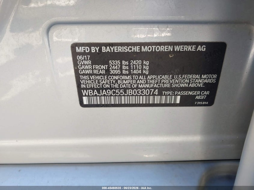 2018 BMW 5er VIN WBAJA9C55JB033074 IAAI salvage auction — NORMAL WEAR, Clear - Dealer Only (California), sold $5,150 on 2026-07-23 (photo 9)