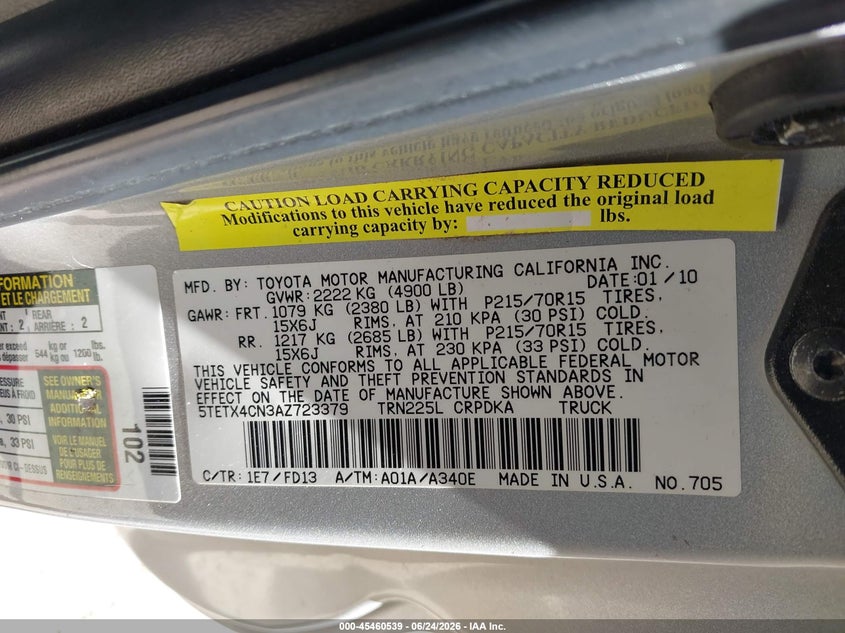 2010 Toyota Tacoma VIN 5TETX4CN3AZ723379 IAAI salvage auction — RIGHT FRONT, Salvage (Texas), sold $4,300 on 2026-07-13 (photo 9)