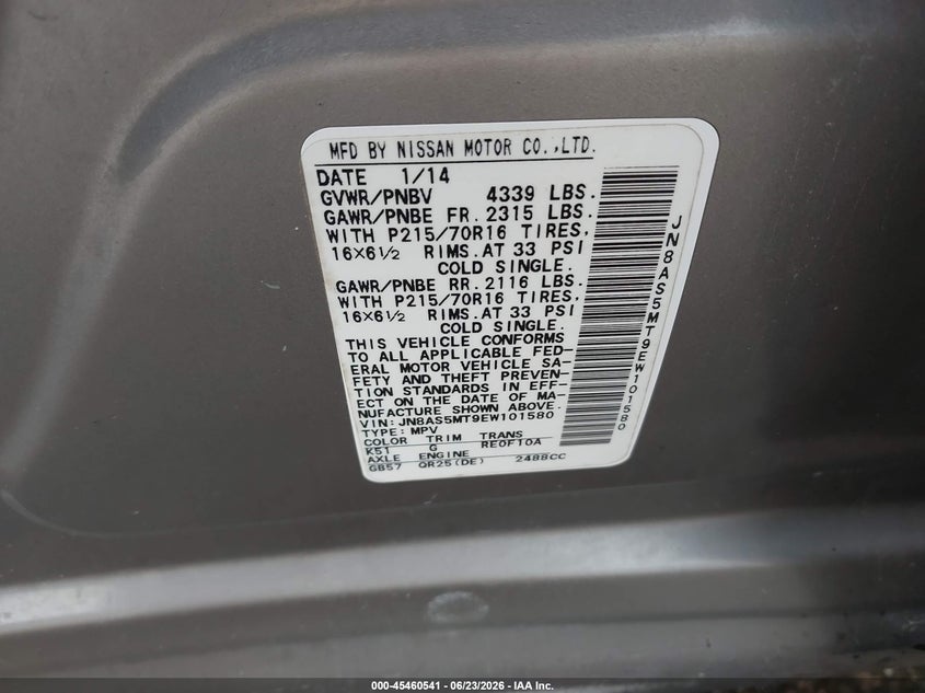 2014 Nissan Rogue VIN JN8AS5MT9EW101580 IAAI salvage auction — ALL OVER, Salvage Title, sold $325 on 2026-07-24 (photo 9)