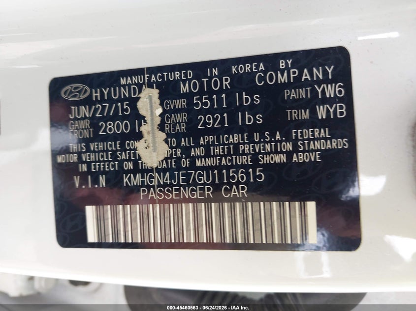 2016 Hyundai Genesis VIN KMHGN4JE7GU115615 IAAI salvage auction — NORMAL WEAR, Clear (Illinois), sold $1,250 on 2026-07-29 (photo 9)
