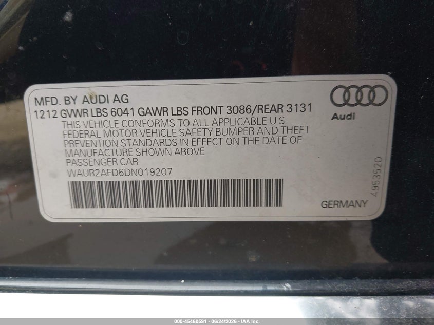 2013 Audi A8 VIN WAUR2AFD6DN019207 IAAI salvage auction — RIGHT SIDE, Clear (Tennessee), sold $2,500 on 2026-07-24 (photo 9)
