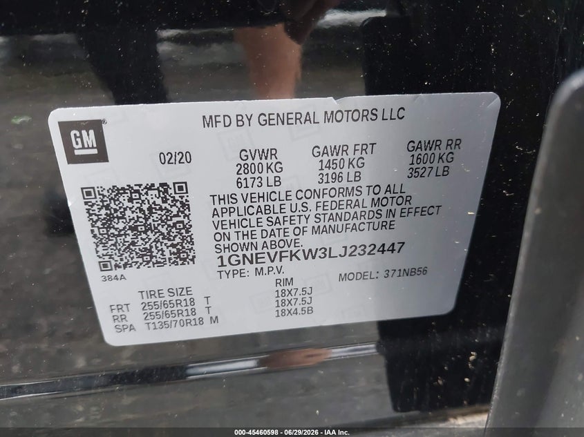 2020 Chevrolet Traverse VIN 1GNEVFKW3LJ232447 IAAI salvage auction — VANDALISM, Salvage (North Carolina), sold $2,475 on 2026-07-18 (photo 9)