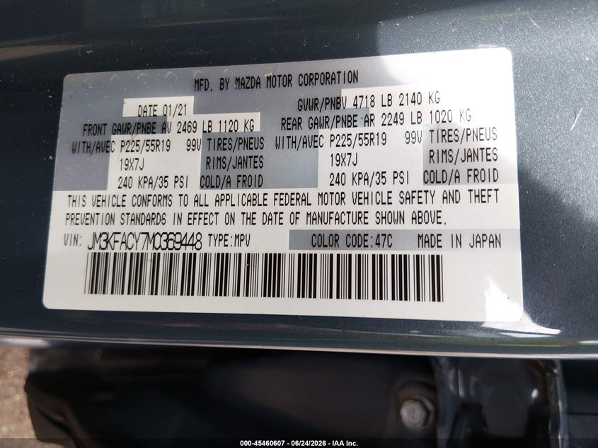 2021 Mazda Cx-5 VIN JM3KFACY7M0369448 IAAI salvage auction — ROLLOVER, Salvage Title, sold $3,900 on 2026-08-01 (photo 9)