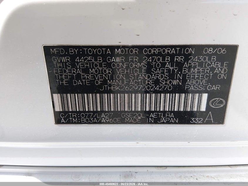 2007 Lexus Is 250 VIN JTHBK262972024270 IAAI salvage auction — LEFT SIDE, Salvage (California), sold $450 on 2026-07-09 (photo 9)