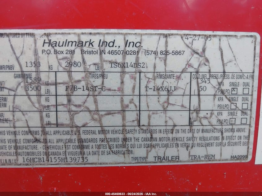 2005 Haul mark ind Unknown VIN 16HCB14155H139735 IAAI salvage auction — ROOF, Clear (Indiana), sold $25 on 2026-07-22 (photo 9)