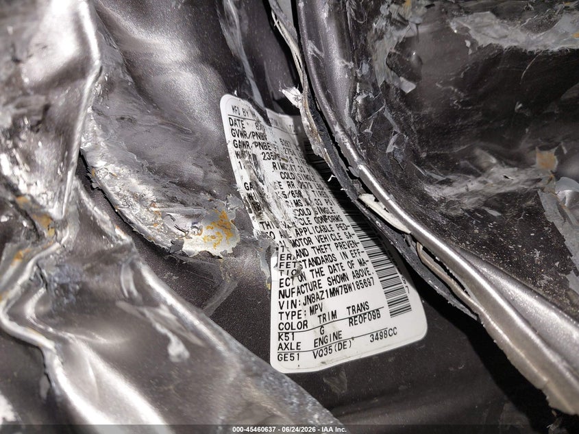 2011 Nissan Murano VIN JN8AZ1MW7BW185697 IAAI salvage auction — SIDE, Mv-907A (New York), sold $550 on 2026-07-15 (photo 9)