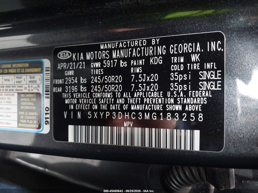 2021 Kia Telluride VIN 5XYP3DHC3MG183258 IAAI salvage auction — FRONT END, Salvage Title, sold $6,950 on 2026-07-08 (photo 9)
