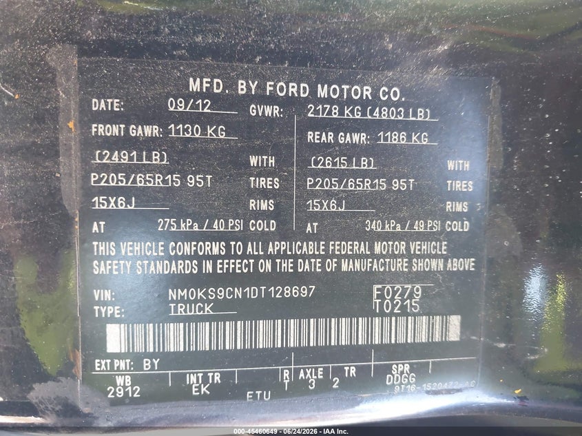 2013 Ford Transit VIN NM0KS9CN1DT128697 IAAI salvage auction — NORMAL WEAR, Clear (Virginia), sold $475 on 2026-07-30 (photo 9)