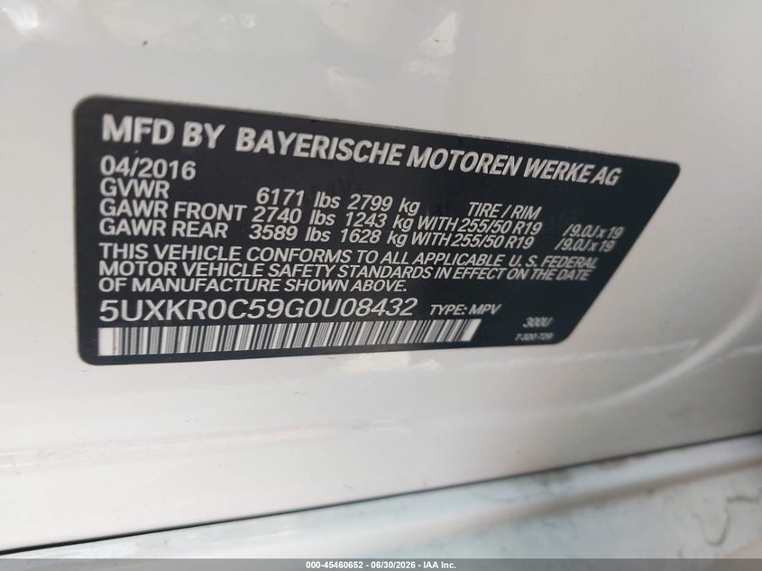 2016 BMW X5 VIN 5UXKR0C59G0U08432 IAAI salvage auction — FRONT END, Mv-907A (New York), sold $3,300 on 2026-07-14 (photo 9)