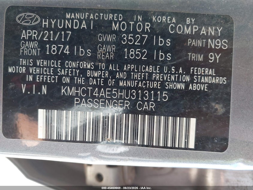 2017 Hyundai Accent VIN KMHCT4AE5HU313115 IAAI salvage auction — NORMAL WEAR, Salvage (California), sold $375 on 2026-07-29 (photo 9)