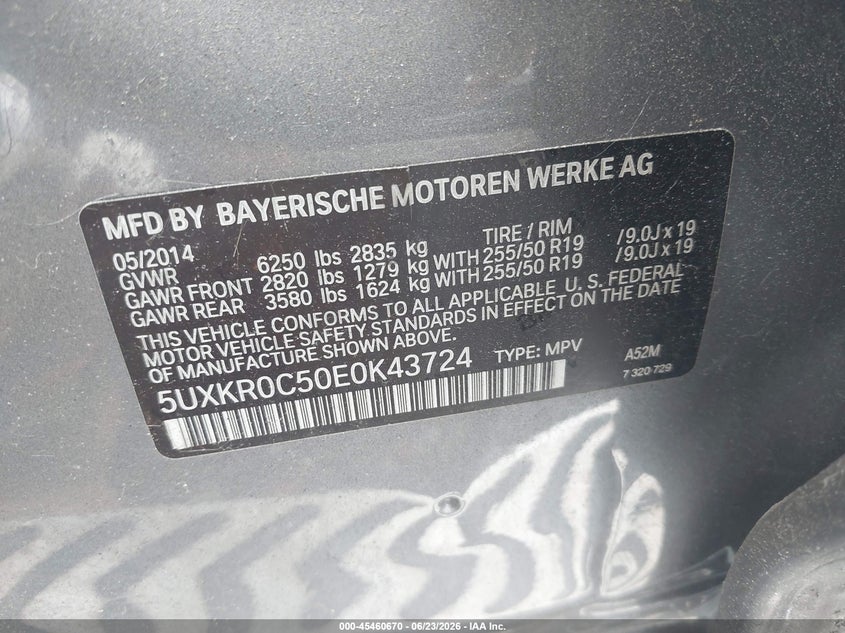 2014 BMW X5 VIN 5UXKR0C50E0K43724 IAAI salvage auction — LEFT SIDE, Salvage (Arizona), sold $4,200 on 2026-07-14 (photo 9)