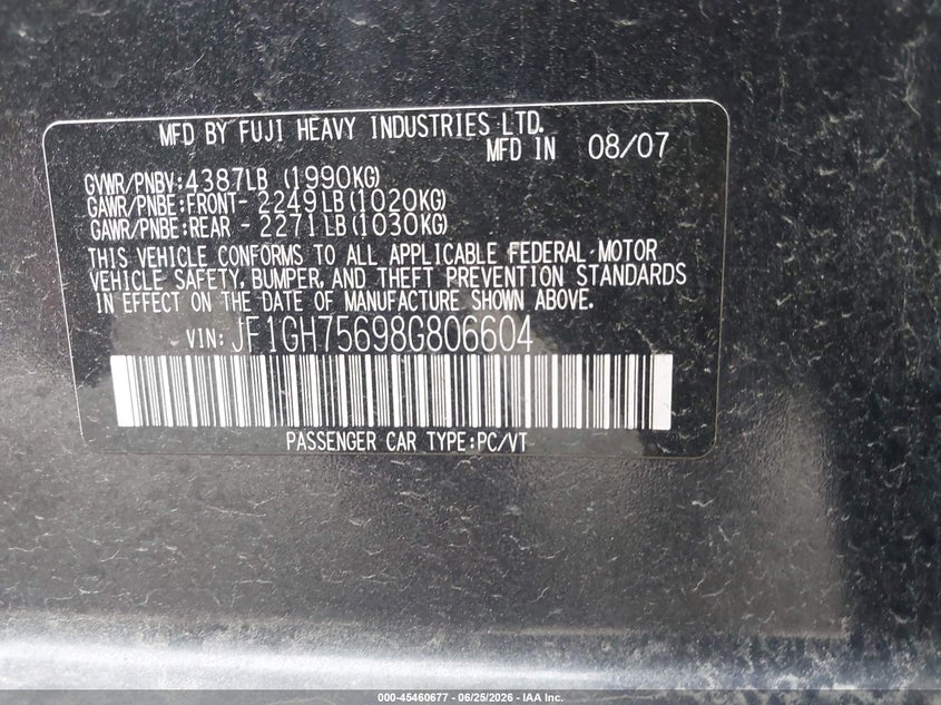 2008 Subaru Impreza VIN JF1GH75698G806604 IAAI salvage auction — FRONT END, Salvage (Ohio), sold $550 on 2026-07-21 (photo 9)