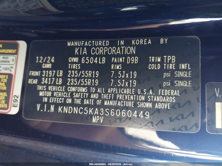 2025 Kia Carnival VIN KNDNC5KA3S6060449 IAAI salvage auction — REAR END, Salvage Title, sold $12,600 on 2026-09-08 (photo 9)
