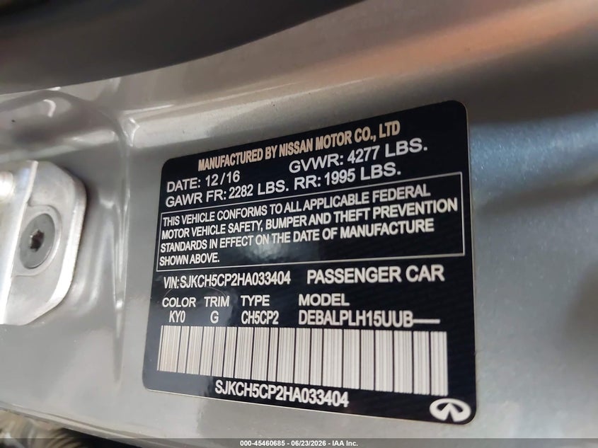 2017 Infiniti Qx30 VIN SJKCH5CP2HA033404 IAAI salvage auction — FRONT END, Salvage (North Dakota), sold $375 on 2026-07-02 (photo 9)