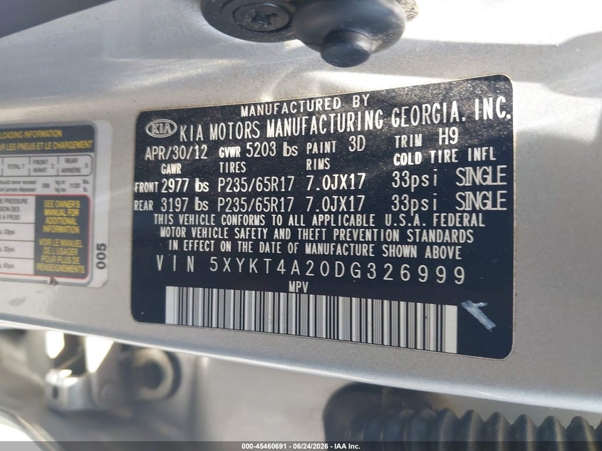 2013 Kia Sorento VIN 5XYKT4A20DG326999 IAAI salvage auction — NORMAL WEAR, Clear (North Carolina), sold $700 on 2026-07-08 (photo 9)