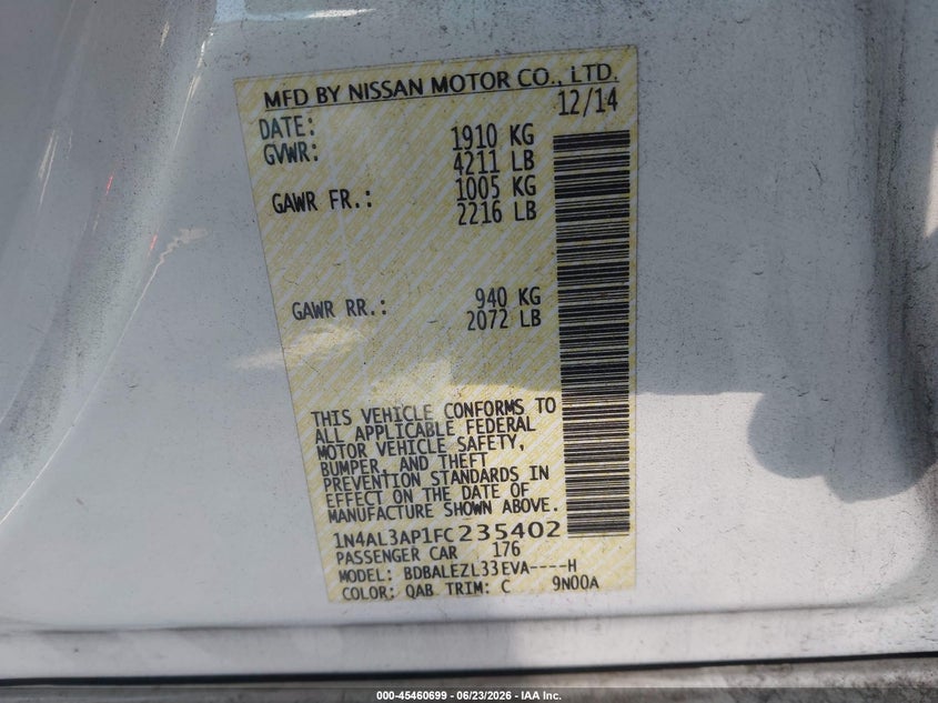 2015 Nissan Altima VIN 1N4AL3AP1FC235402 IAAI salvage auction — NORMAL WEAR, Clear - Dealer Only (California), sold $750 on 2026-07-09 (photo 9)