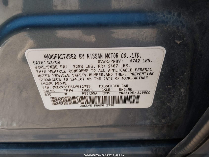 2006 Infiniti G35 VIN JNKCV51F86M612798 IAAI salvage auction — NORMAL WEAR, Regular Certificate (Iowa), sold $675 on 2026-07-07 (photo 9)
