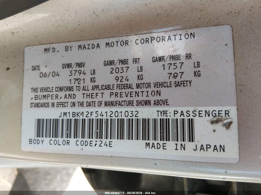 2004 Mazda 3 VIN JM1BK12F541201032 IAAI salvage auction — FRONT END, Salvage (Mississippi), sold $25 on 2026-07-29 (photo 9)