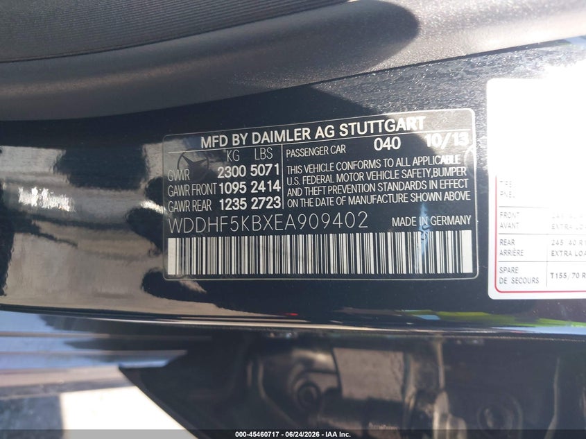 2014 Mercedes-benz E-klasse VIN WDDHF5KBXEA909402 IAAI salvage auction — REAR END, Salvage Title, sold $2,200 on 2026-07-12 (photo 9)