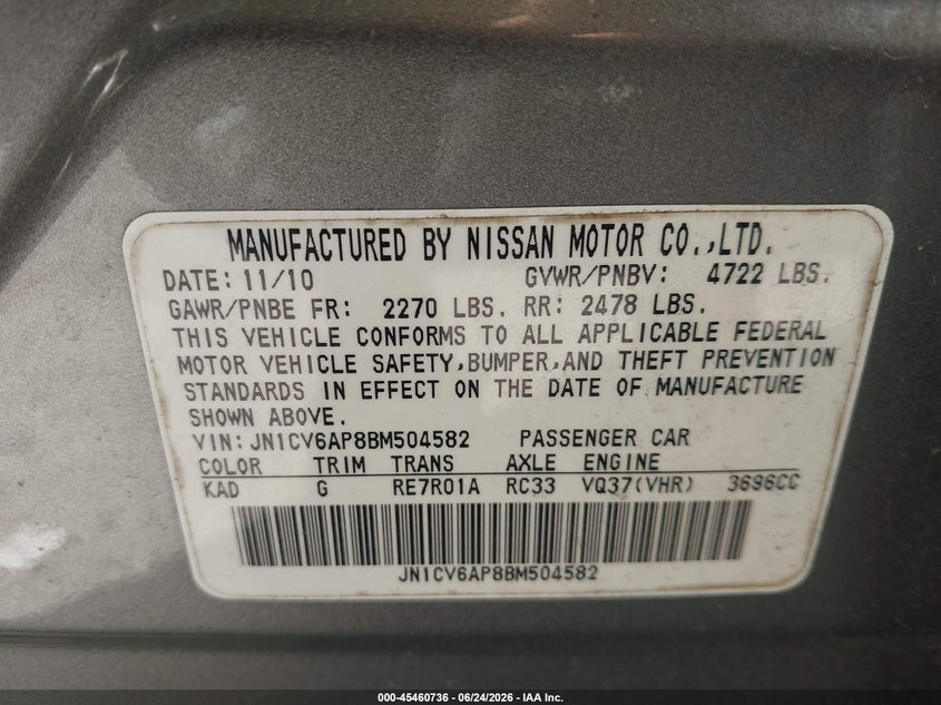 2011 Infiniti G VIN JN1CV6AP8BM504582 IAAI salvage auction — LEFT REAR, Salvage (Ohio), sold $1,800 on 2026-07-14 (photo 9)