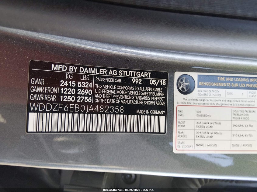 2018 Mercedes-benz VIN WDDZF6EB0JA482358 IAAI salvage auction — LEFT FRONT, Wait Title, sold $13,800 on 2026-08-20 (photo 9)