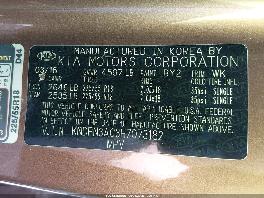 2017 Kia Sportage VIN KNDPN3AC3H7073182 IAAI salvage auction — FRONT END, Salvage (Ohio), sold $1,700 on 2026-07-24 (photo 9)