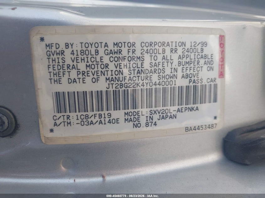 2000 Toyota Camry VIN JT2BG22K4Y0440001 IAAI salvage auction — FRONT END, Clear - Dealer Only (California), sold $425 on 2026-07-15 (photo 9)
