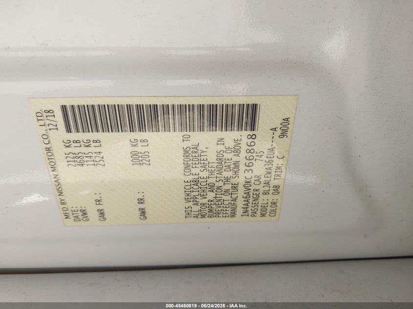 2019 Nissan Maxima VIN 1N4AA6AV0KC366868 IAAI salvage auction — HAIL, Salvage Title, sold $7,550 on 2026-08-11 (photo 9)